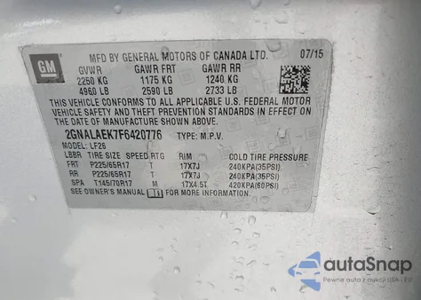 2015 Chevrolet Equinox Ls из США, поврежденный, VIN 2GNALAEK7F6420776